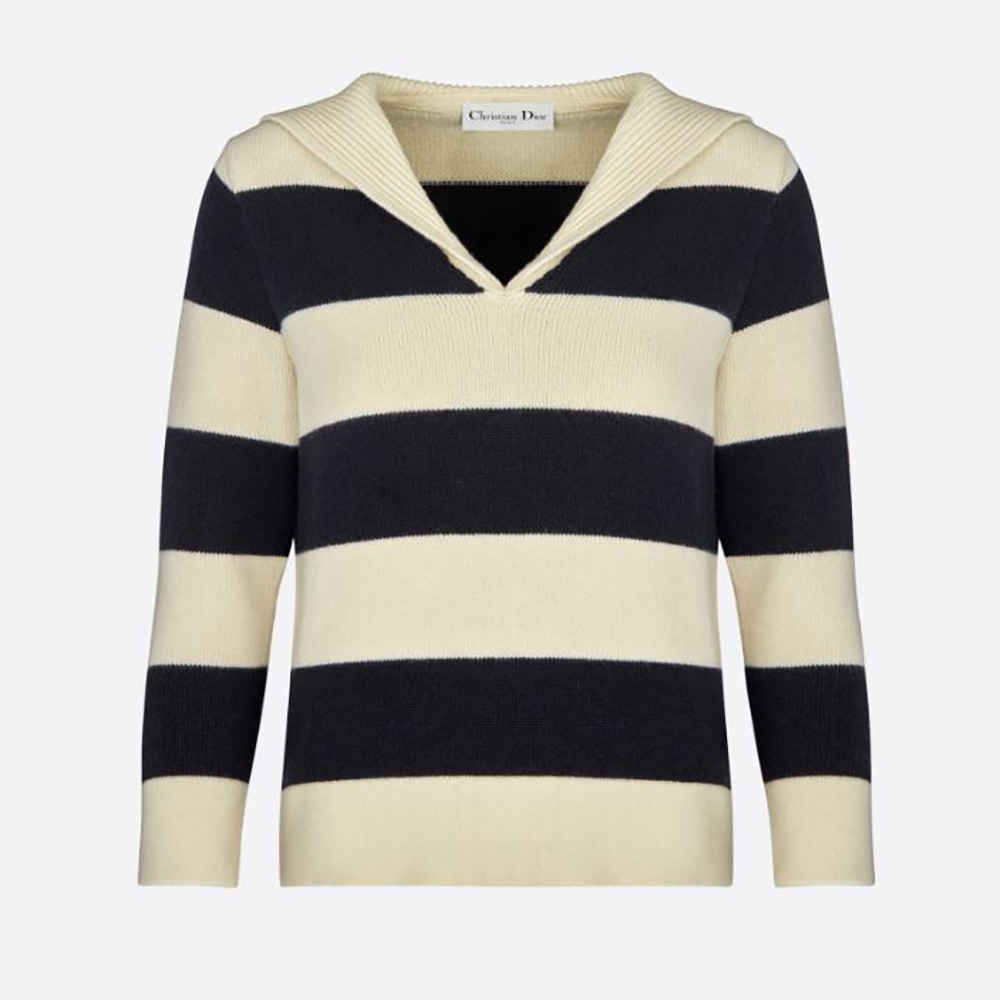 Front view of Dior Women Sweater Navy Blue and Ecru Dior Marinière Wool and Cashmere Knit
