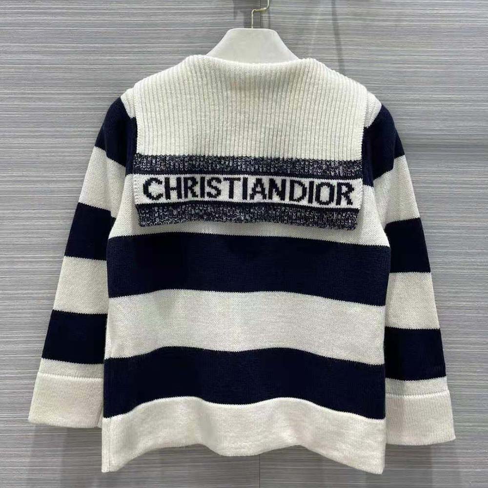 Side shot highlighting navy and ecru stripes of Dior Women Sweater