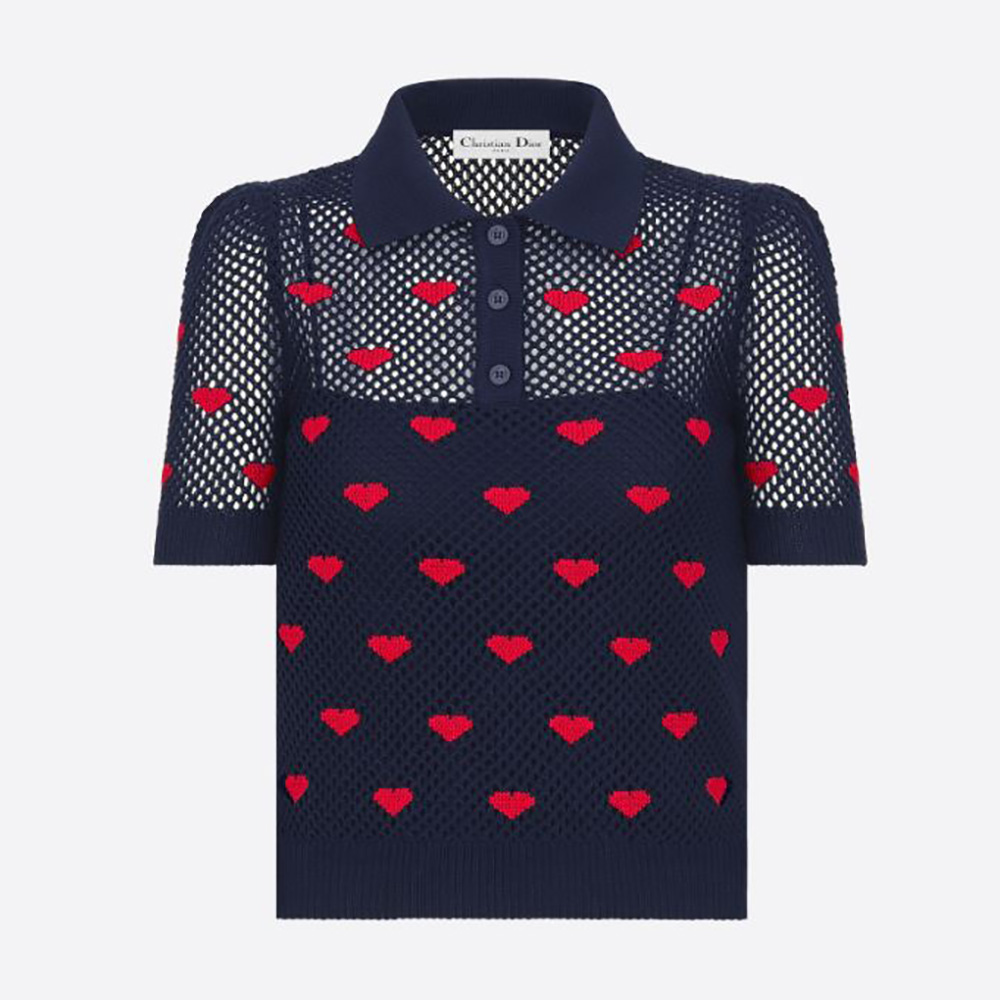 Front view of Dior Women Sweater Navy Blue and Red Hearts Cotton Knit