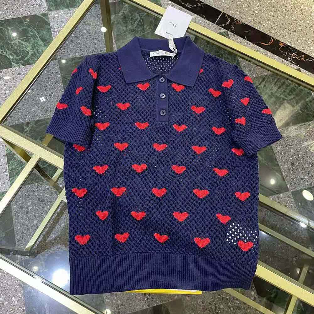 Close-up of red heart embroidery on Dior Women Sweater Navy Blue