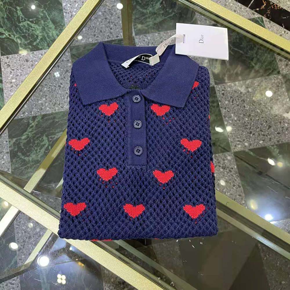 Dior Women Sweater Navy Blue and Red Hearts I Love Paris Cotton Knit - image 4
