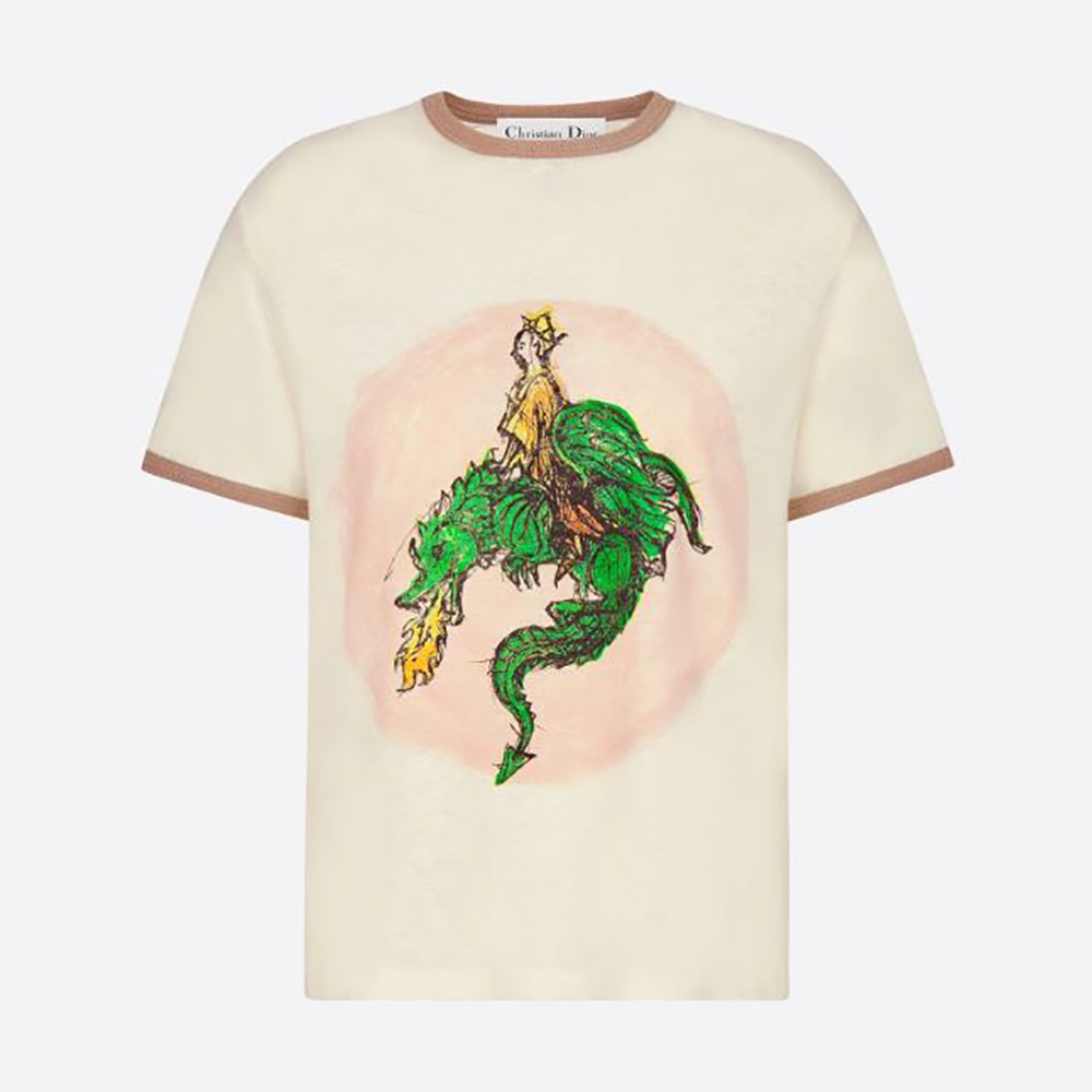 Front view of Dior Women T-Shirt Ecru Princess and Dragon cotton linen