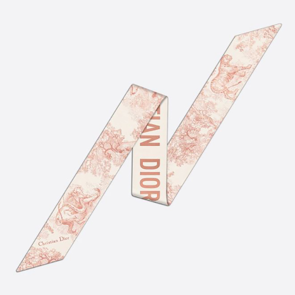 Front view of Dior Women Toile DE Jouy Mitzah Scarf in pink silk twill