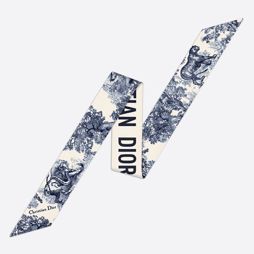 Front view of Dior Women Toile DE Jouy Mitzah Scarf Silk Twill-Blue folded neatly
