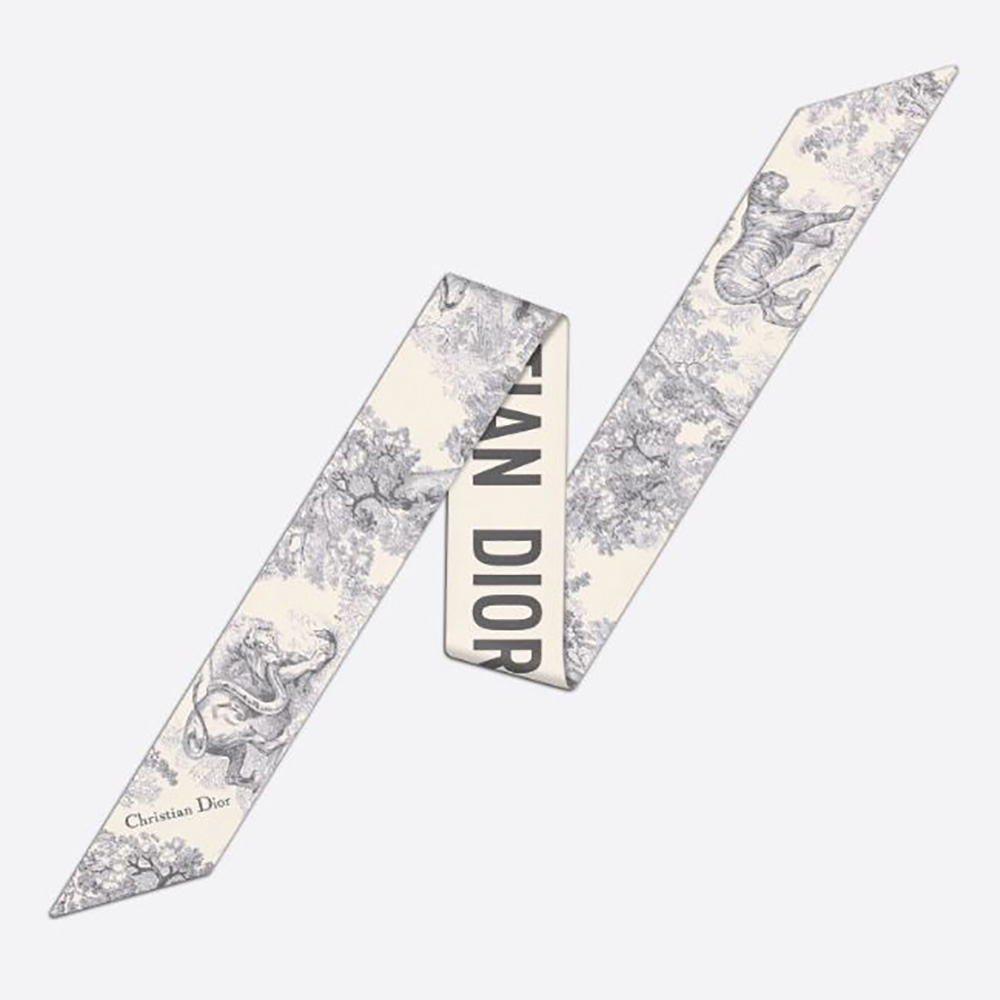 Front view of Dior Women Toile DE Jouy Mitzah Scarf Silk Twill-Silver laid flat