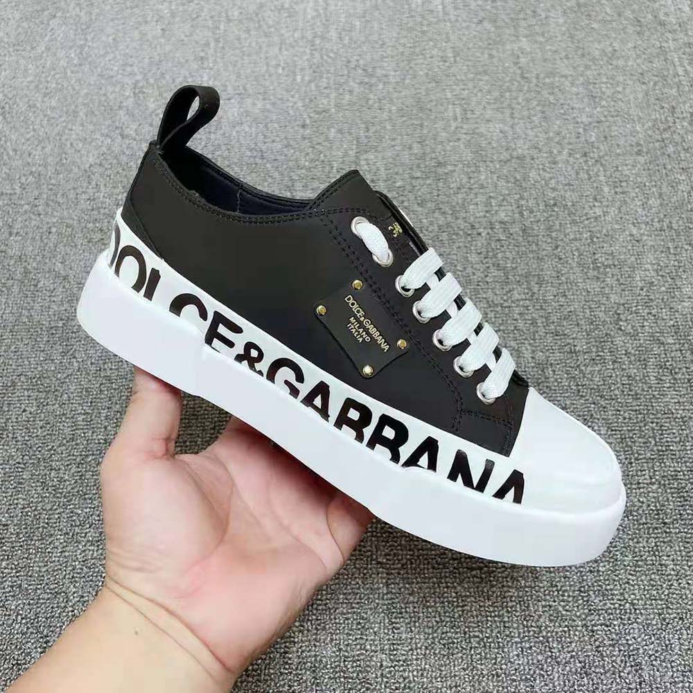 Dolce Gabbana D&G Women Calfskin Portofino Light Sneakers with Logo-Detailed Plate and Logo Print-Black - image 9