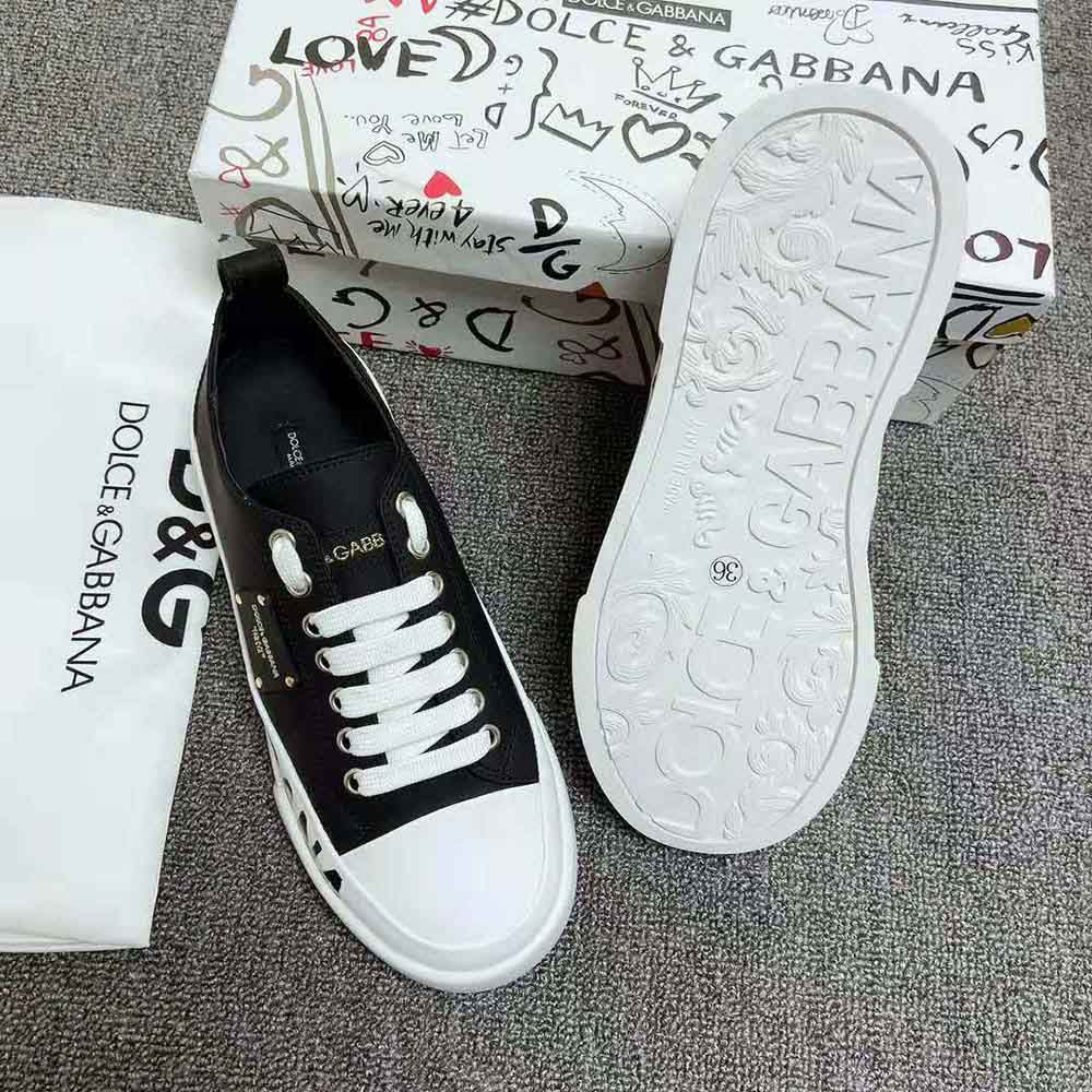 Dolce Gabbana D&G Women Calfskin Portofino Light Sneakers with Logo-Detailed Plate and Logo Print-Black - image 6