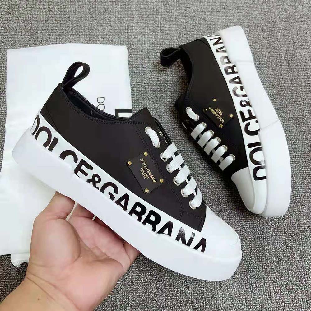 Top angle showing lace closure and black calfskin on Dolce Gabbana D&G sneakers
