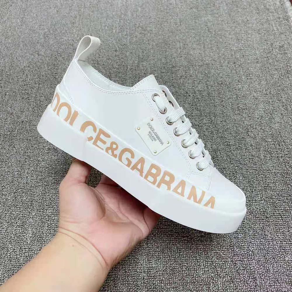 Dolce Gabbana D&G Women Calfskin Portofino Light Sneakers with Logo-Detailed Plate and Logo Print-White - image 9