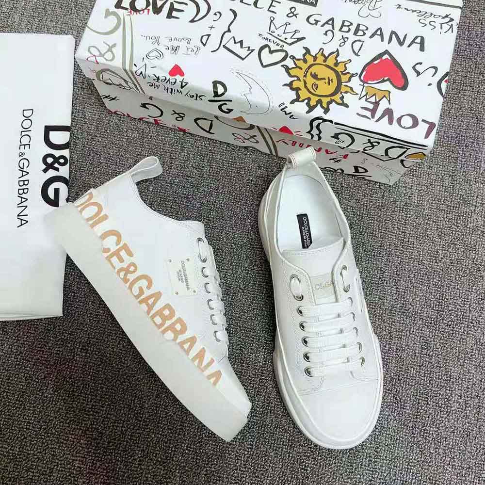Dolce Gabbana D&G Women Calfskin Portofino Light Sneakers with Logo-Detailed Plate and Logo Print-White - image 8