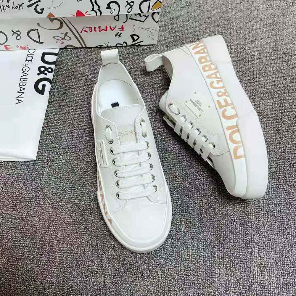 Dolce Gabbana D&G Women Calfskin Portofino Light Sneakers with Logo-Detailed Plate and Logo Print-White - image 6