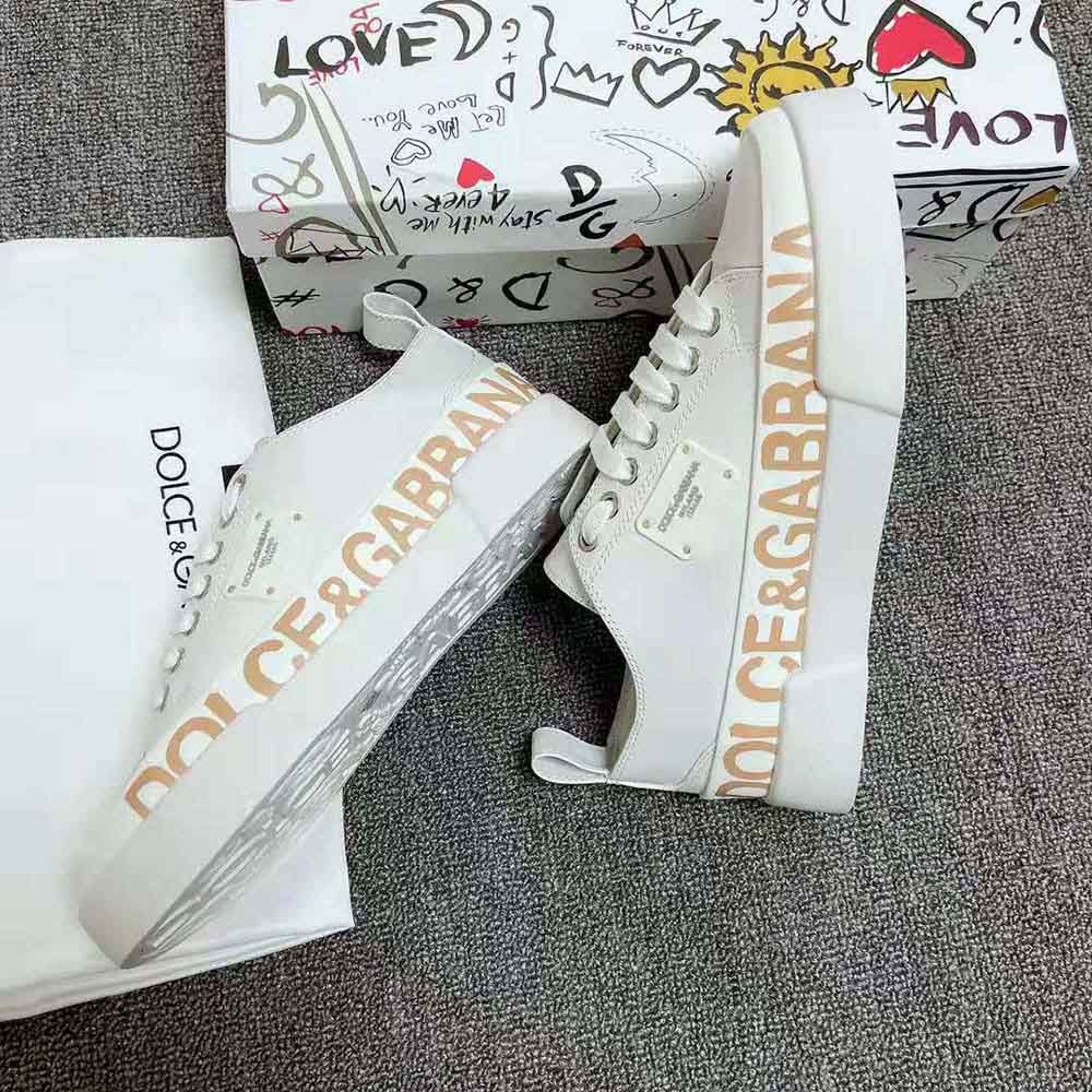 Dolce Gabbana D&G Women Calfskin Portofino Light Sneakers with Logo-Detailed Plate and Logo Print-White - image 5