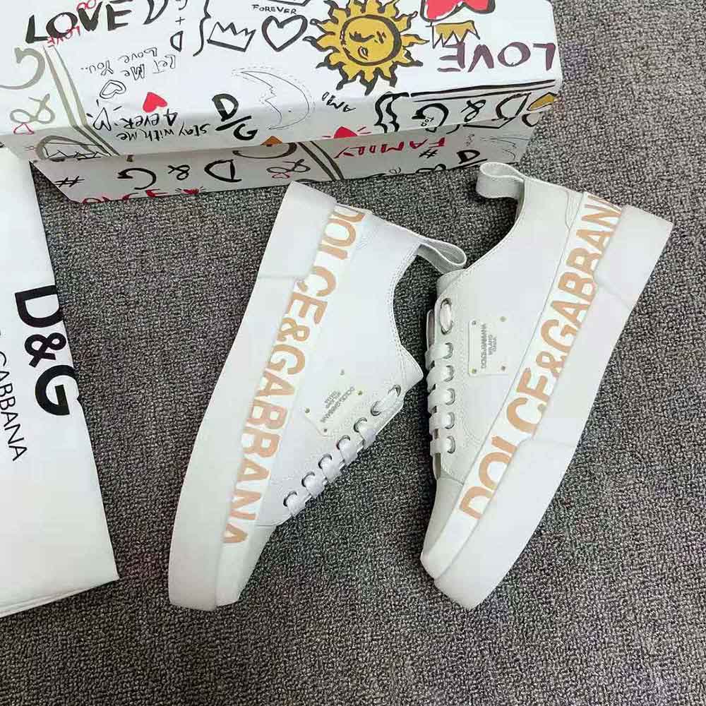 Dolce Gabbana D&G Women Calfskin Portofino Light Sneakers with Logo-Detailed Plate and Logo Print-White - image 4
