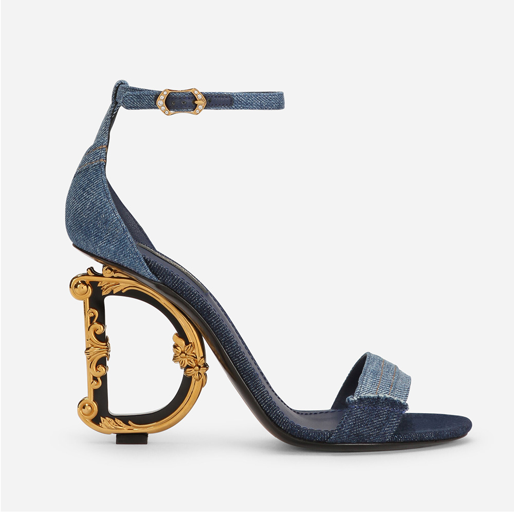 Side view of Dolce Gabbana D&G Women Patchwork Denim Sandals with Baroque DG Heel