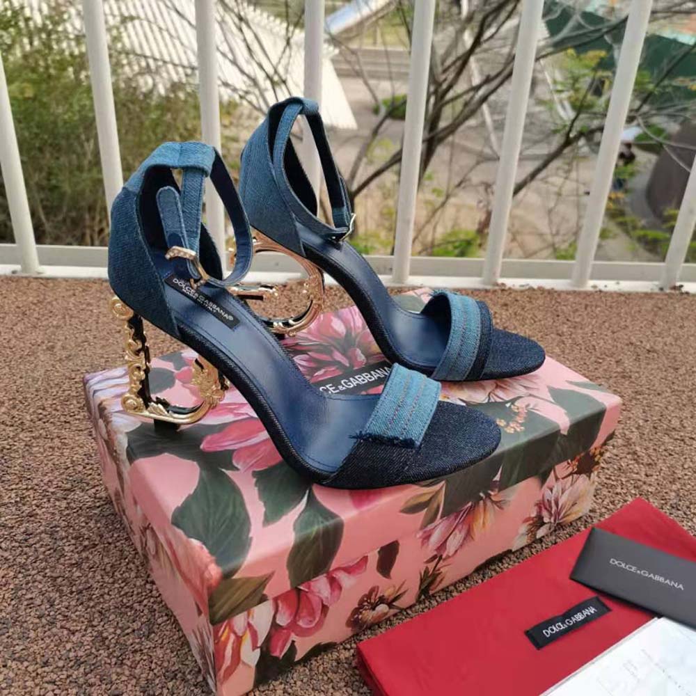 Dolce Gabbana D&G Women Patchwork Denim Sandals with Baroque DG Heel - image 7