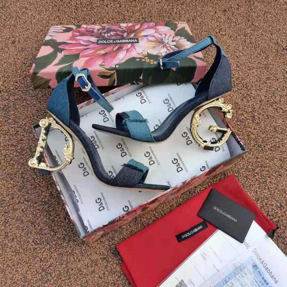 Dolce Gabbana D&G Women Patchwork Denim Sandals with Baroque DG Heel - image 6