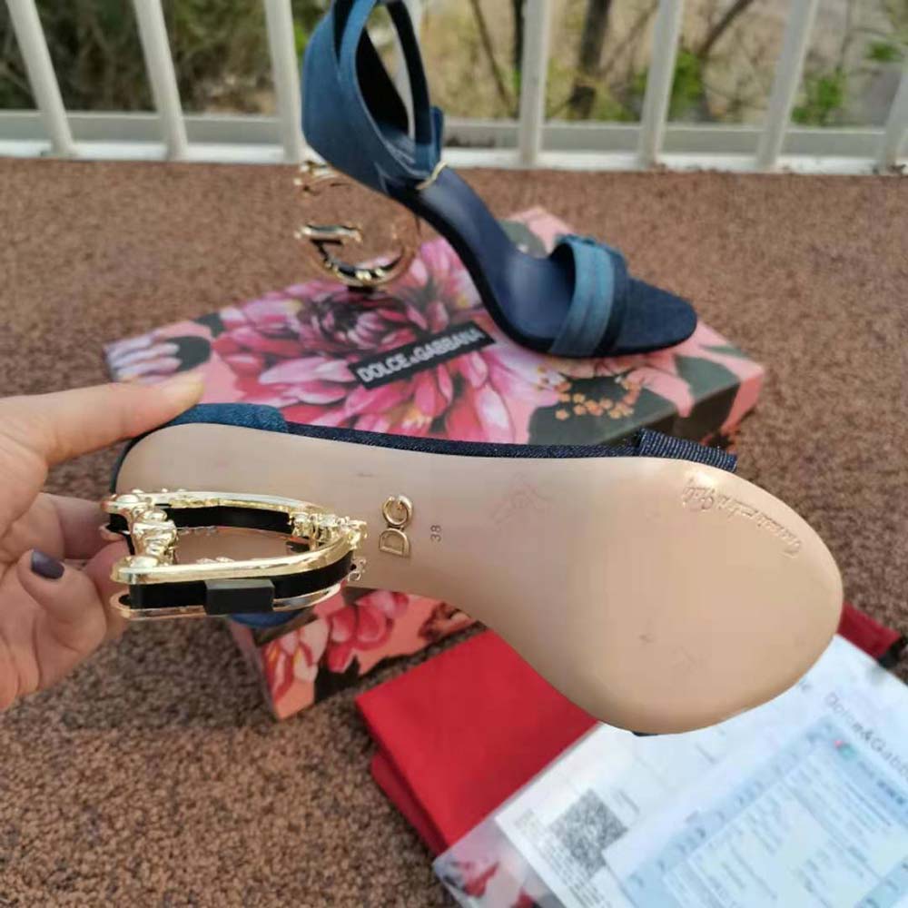 Dolce Gabbana D&G Women Patchwork Denim Sandals with Baroque DG Heel - image 8