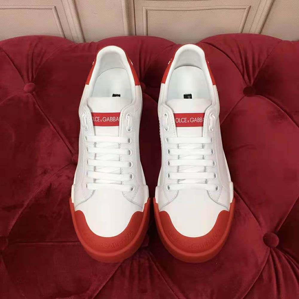 Close-up of red rubber toe-cap on Dolce Gabbana D&G Portofino Sneakers