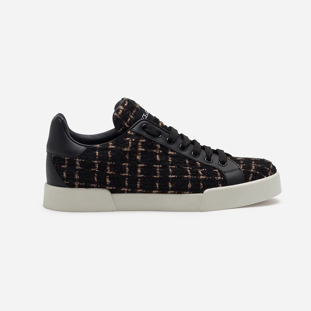 Side view of Dolce Gabbana D&G Women Portofino Sneakers in Tweed-Black