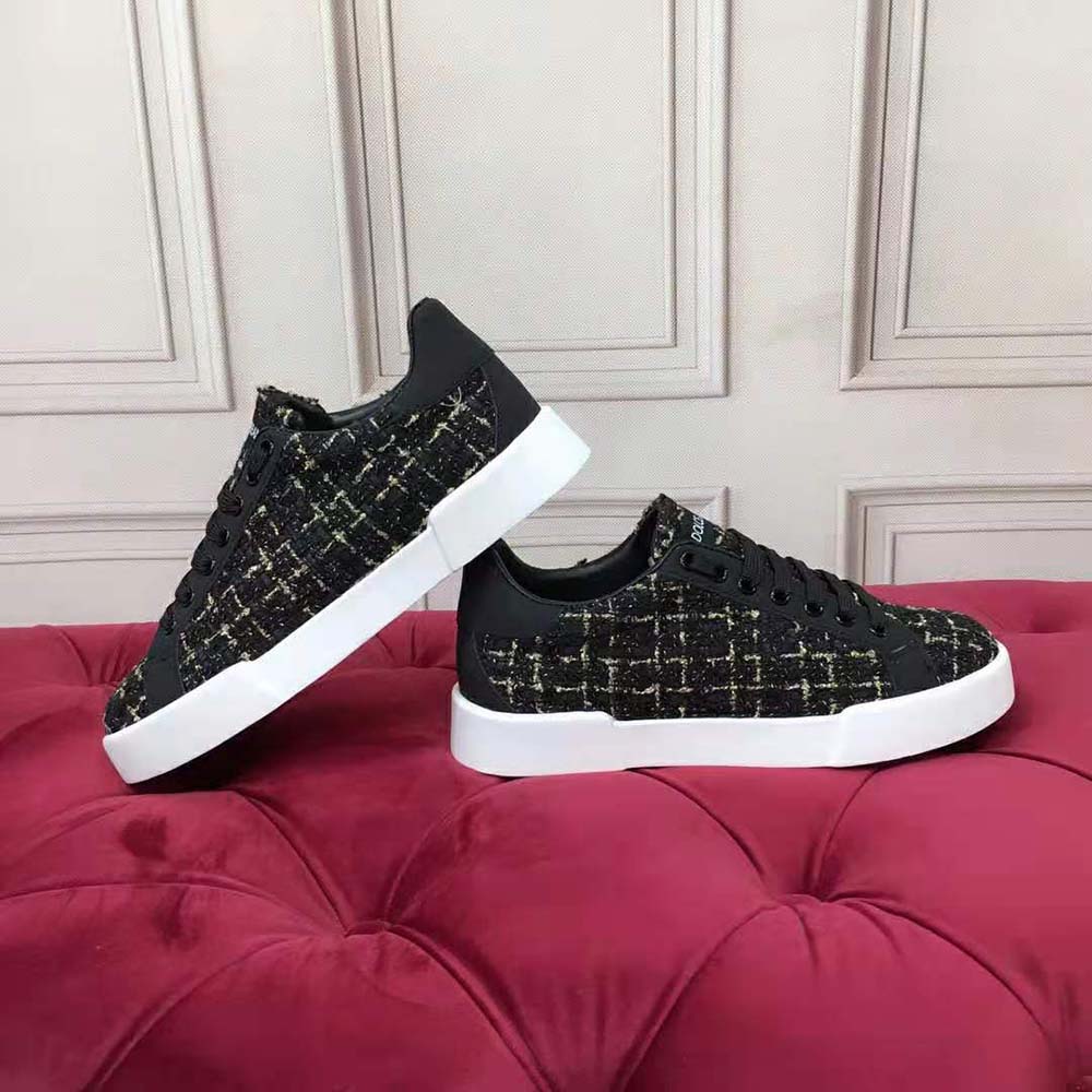 Close-up on tweed texture and D&G logo hardware on Portofino Sneakers