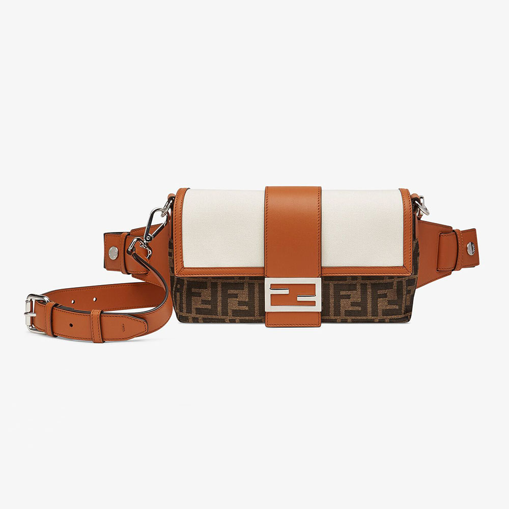 Front view of Fendi Men Baguette Brown Fabric Bag-Brown showing flap closure