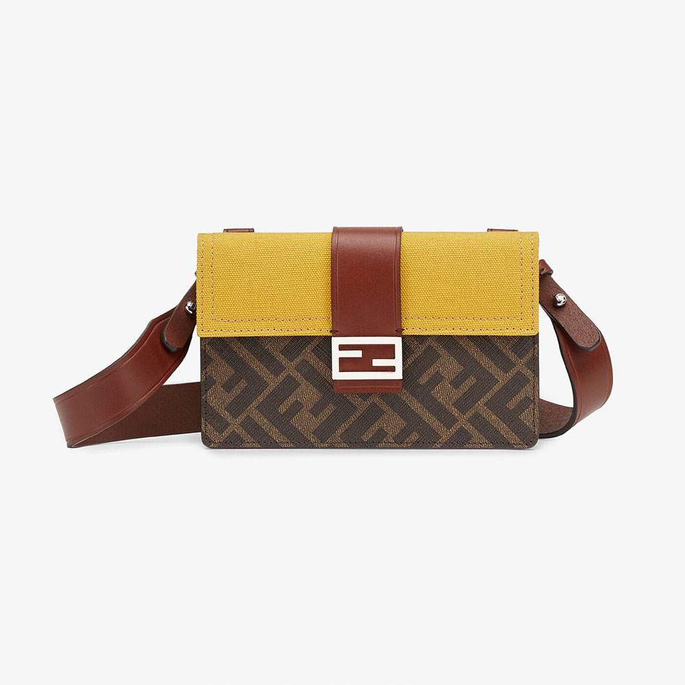 Front view of Fendi Men Baguette Pouch Yellow Fabric Bag showing zip closure