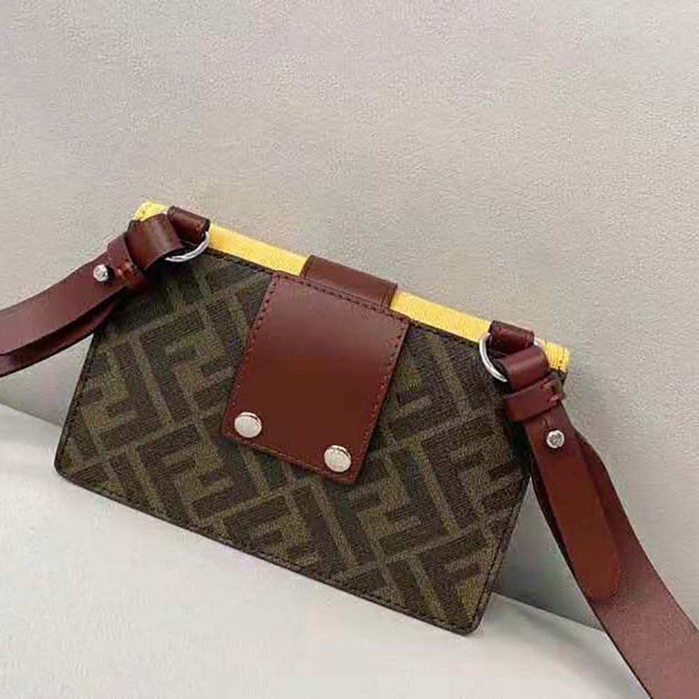 Side angle of Fendi Men Baguette Pouch Yellow Fabric Bag with shoulder strap