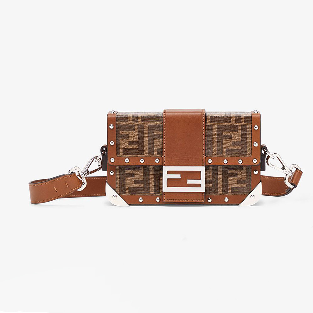 Front angle of Fendi Men Baguette Trunk Mini Brown Fabric Bag showcasing clasp