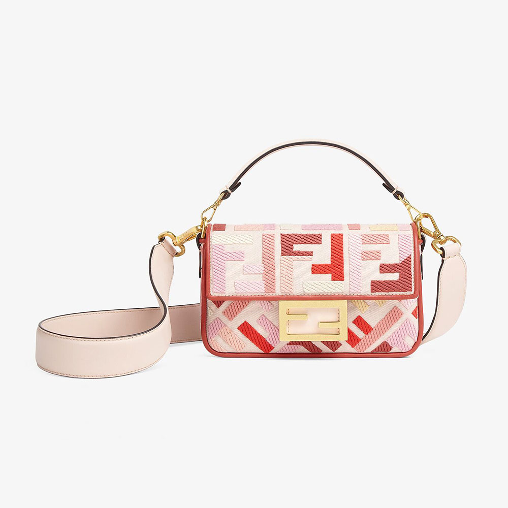 Front view of Fendi Women Baguette Bag pink leather and gold hardware