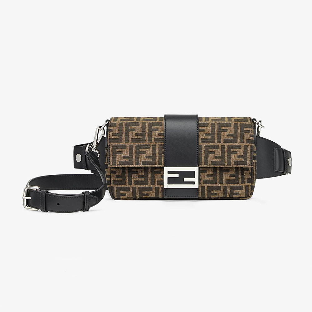 Front angle of Fendi Women Baguette Brown Fabric Bag showing flap closure
