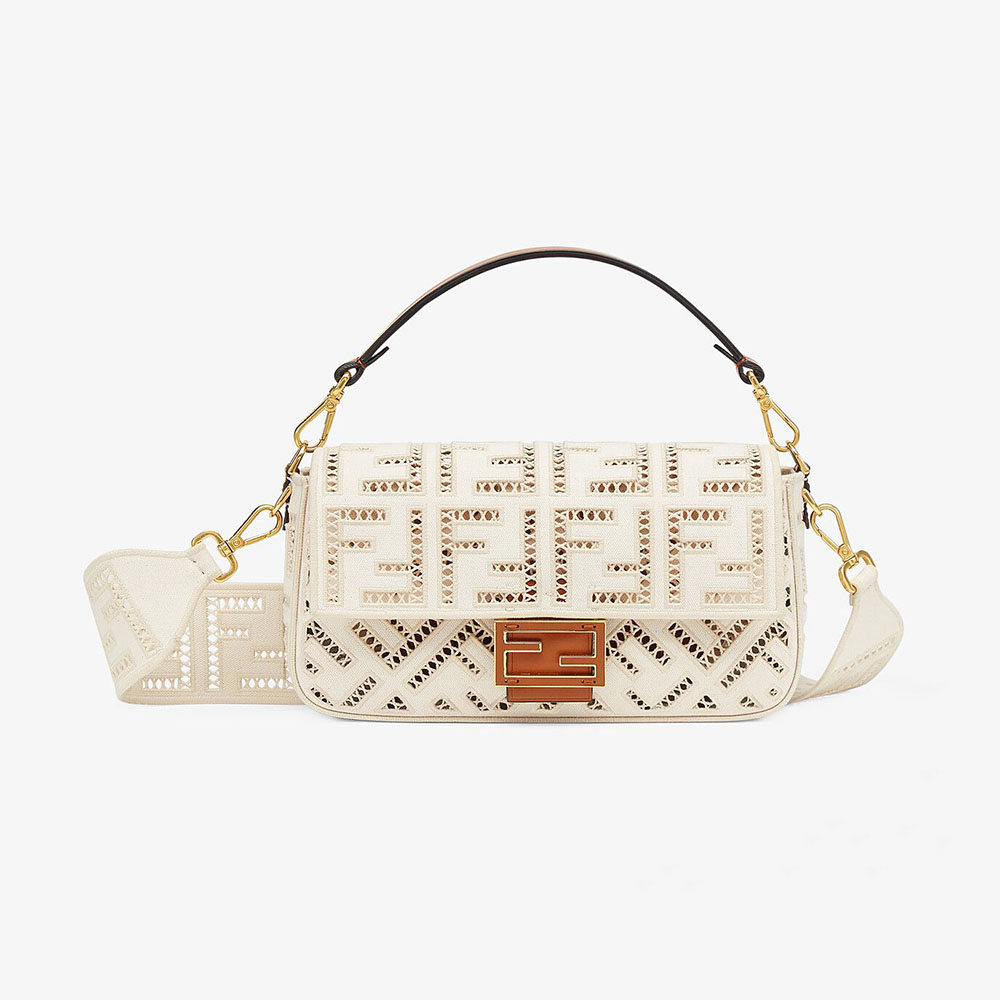 Front view of Fendi Women Baguette Canvas Bag with Embroidery-White