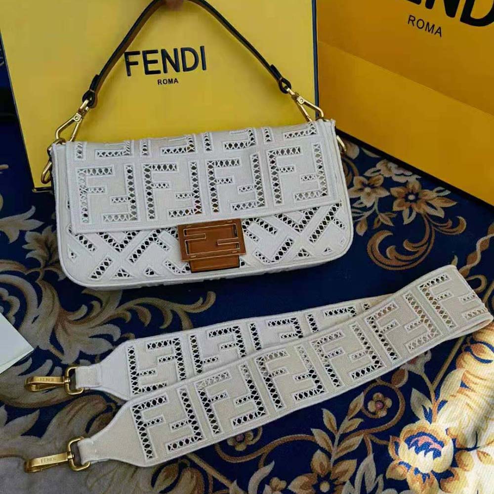 Fendi Women Baguette Canvas Bag with Embroidery-White - image 6