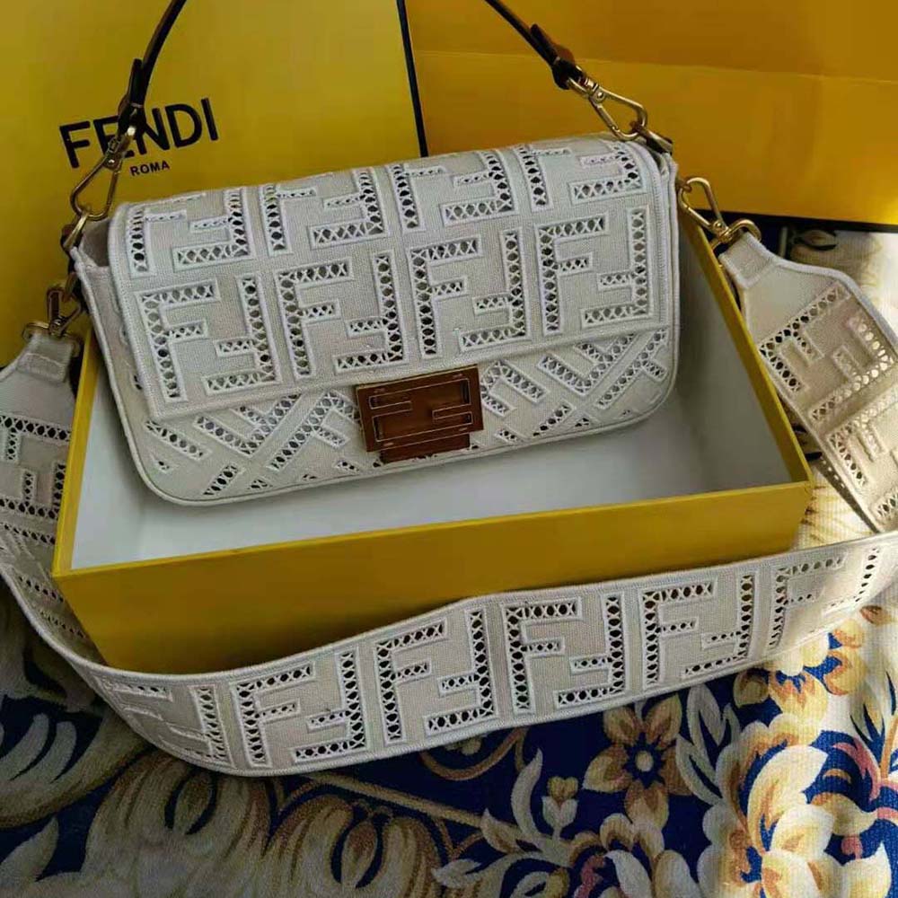 Close-up of embroidered detail on Fendi Women Baguette Canvas Bag with Embroidery-White