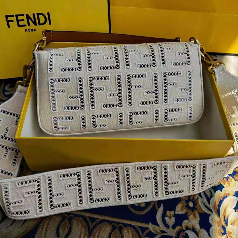 Fendi Women Baguette Canvas Bag with Embroidery-White - image 4