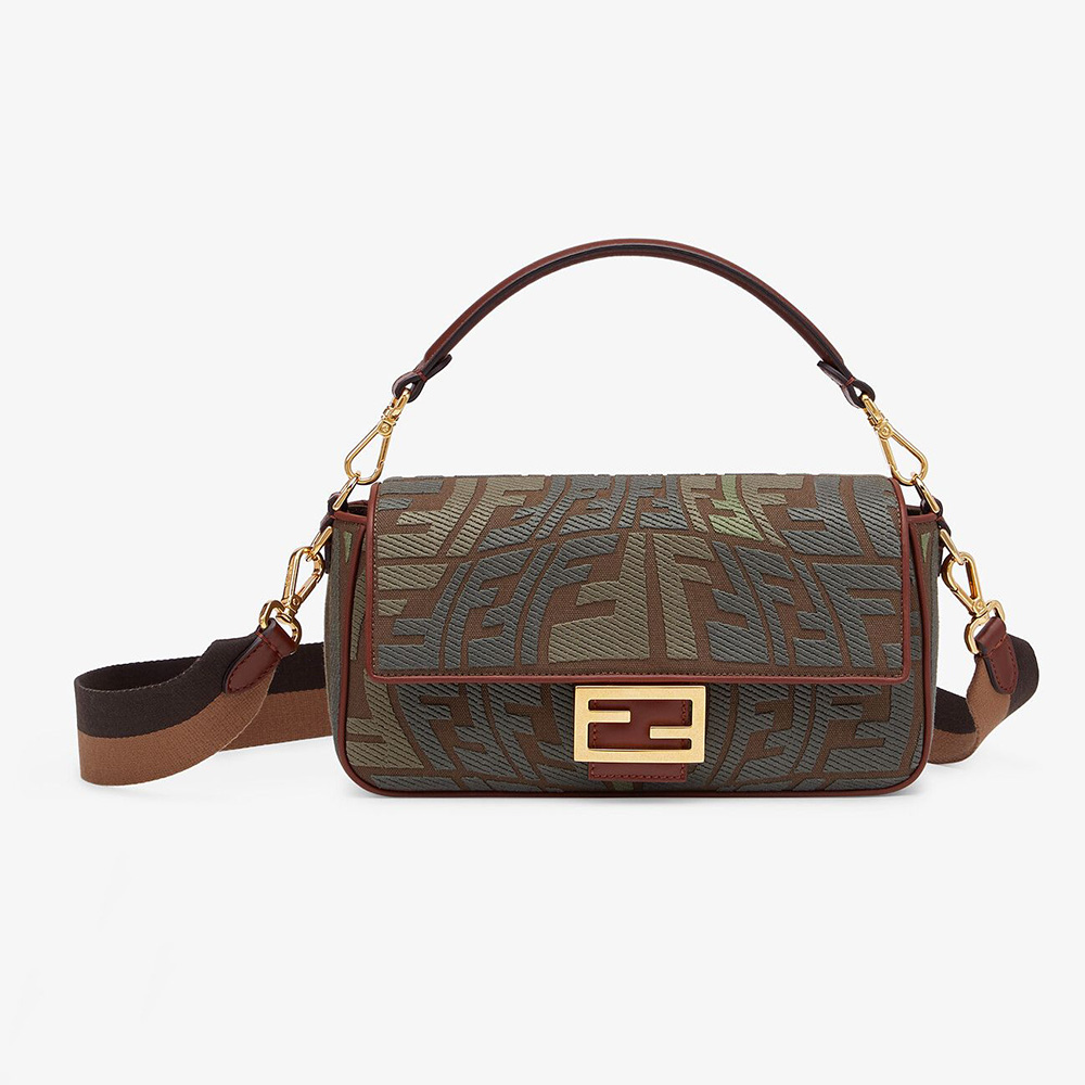 Front view of Fendi Women Baguette Embroidered Green Canvas Bag