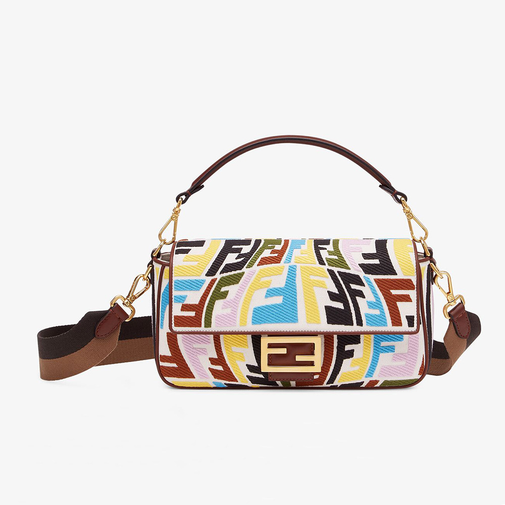 Front view of Fendi Women Baguette Multicolor Embroidered Canvas Bag in maroon