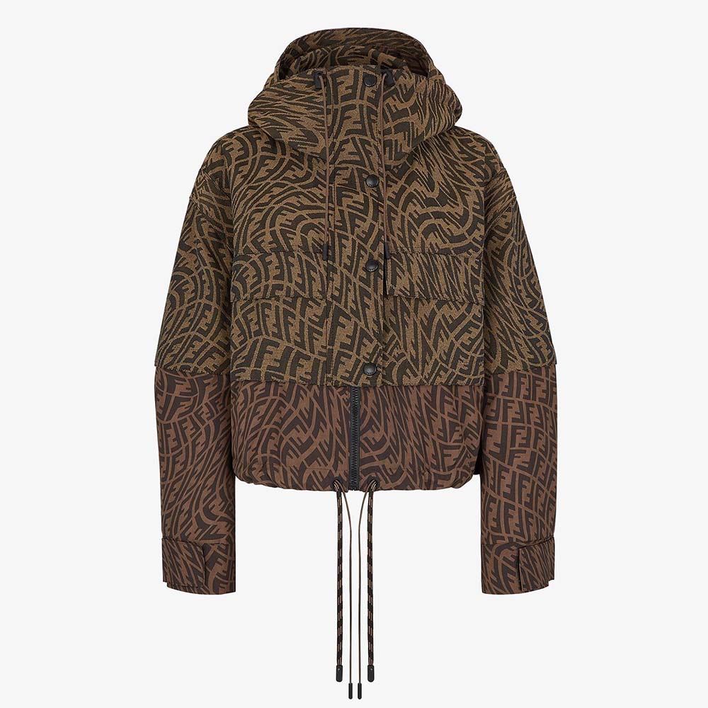 Front view of Fendi Women Brown Canvas Jacket with hood up