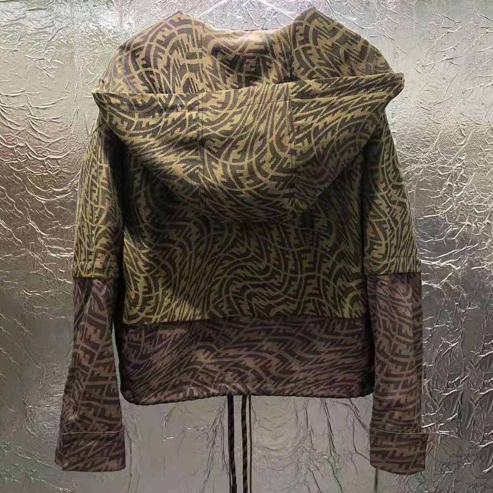 Fendi Women Brown Canvas Jacket with Drawstring Hood and Front Patch Pockets - image 5