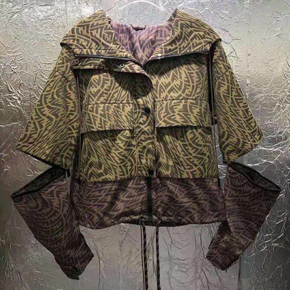 Fendi Women Brown Canvas Jacket with Drawstring Hood and Front Patch Pockets - image 4