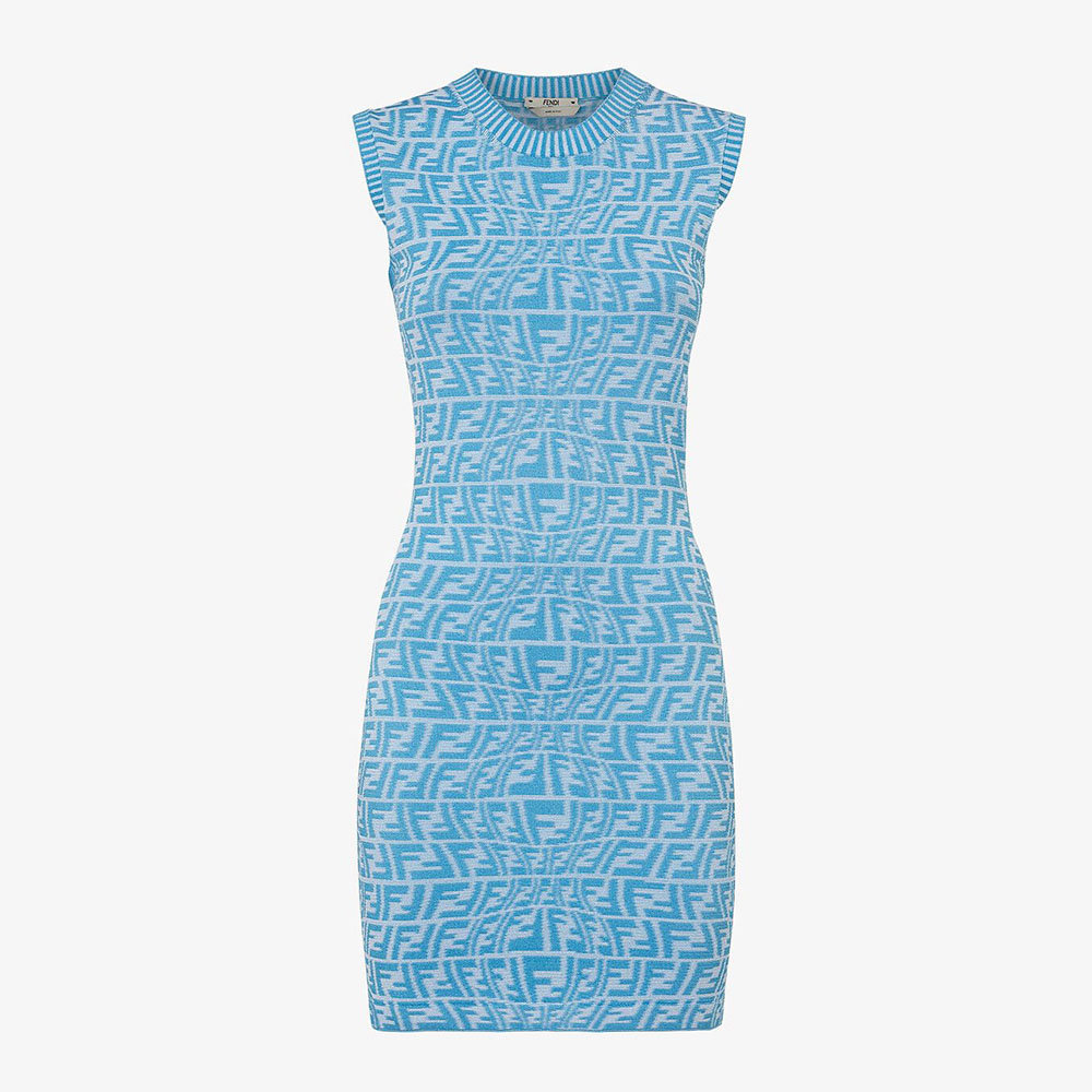 Front view of Fendi Women Dress Light Blue Viscose Dress on mannequin