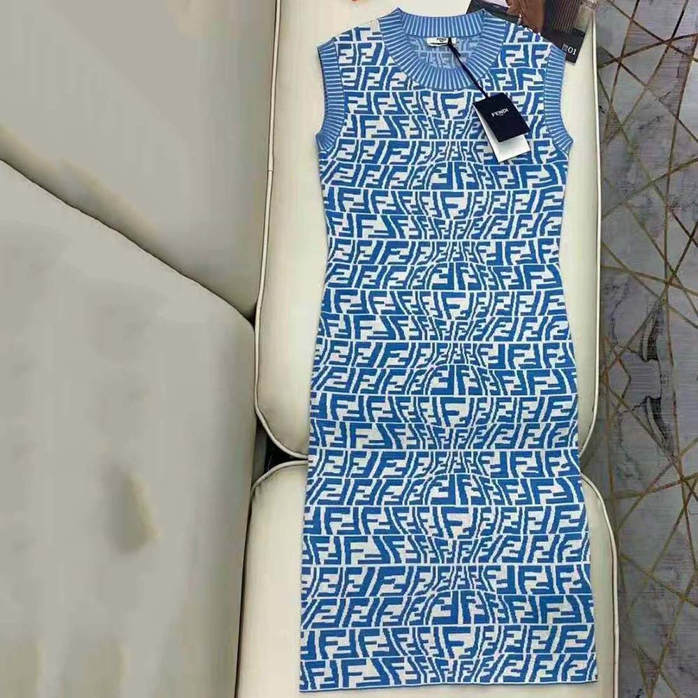 Close-up of buttons and fabric texture on Fendi Women Dress Light Blue Viscose Dress