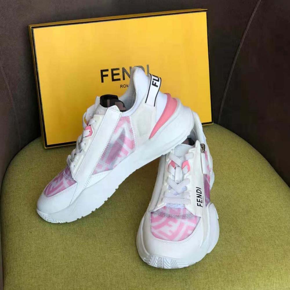 Top-down detail of laces and interior lining on Fendi pink low tops