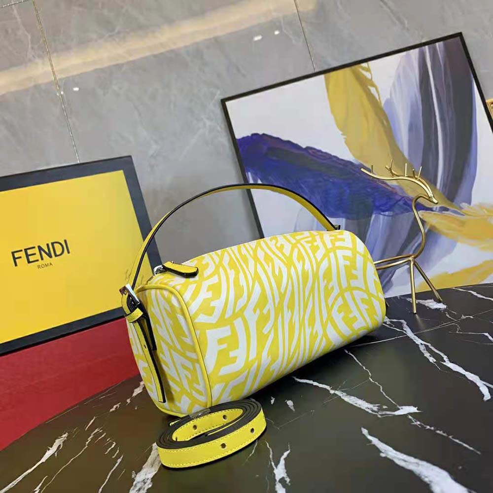 Side angle of Fendi Women Mini Bag Yellow Glazed Canvas Mini-Bag showing shape