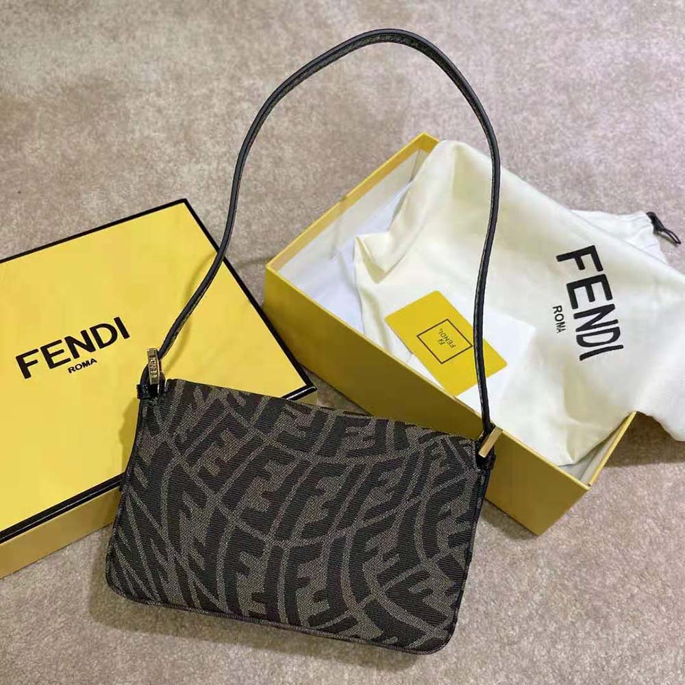 Side angle showing silhouette of Fendi Women Mini Baguette 1997 Brown Jacquard Bag