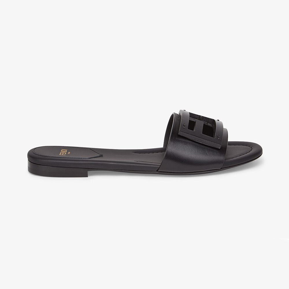Side view of Fendi Women Signature Black Leather Slides with logo