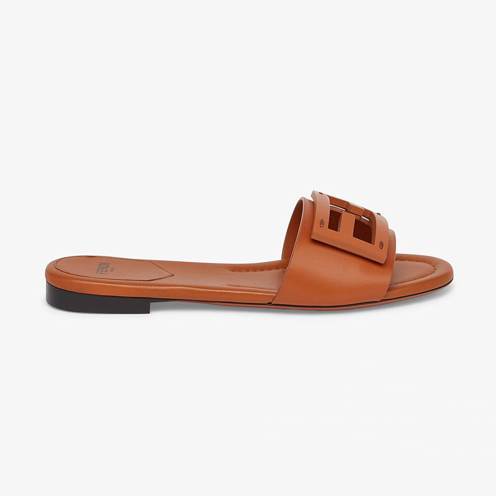 Side view of Fendi Women Signature Brown Leather Slides highlighting heel