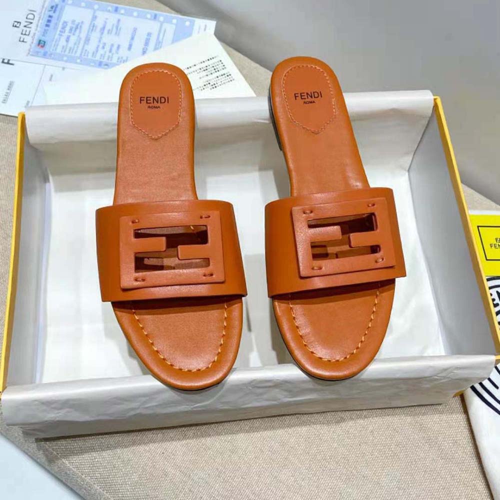 Top view of Fendi Women Signature Brown Leather Slides showing open toe