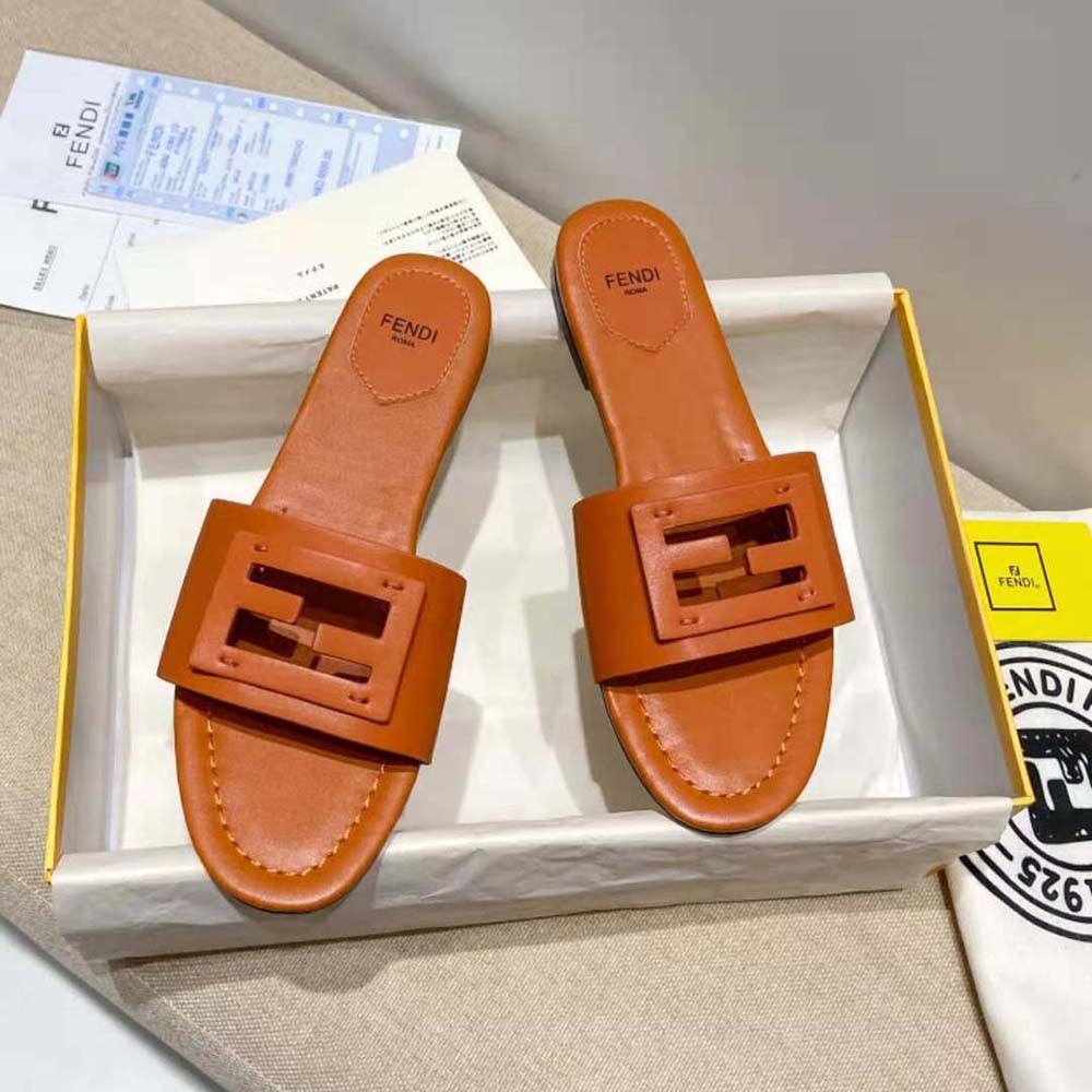 Fendi Women Signature Brown Leather Slides in 0.4 inches Heel Height - image 8