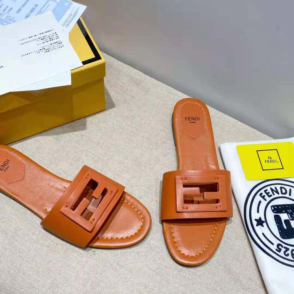 Fendi Women Signature Brown Leather Slides in 0.4 inches Heel Height - image 4