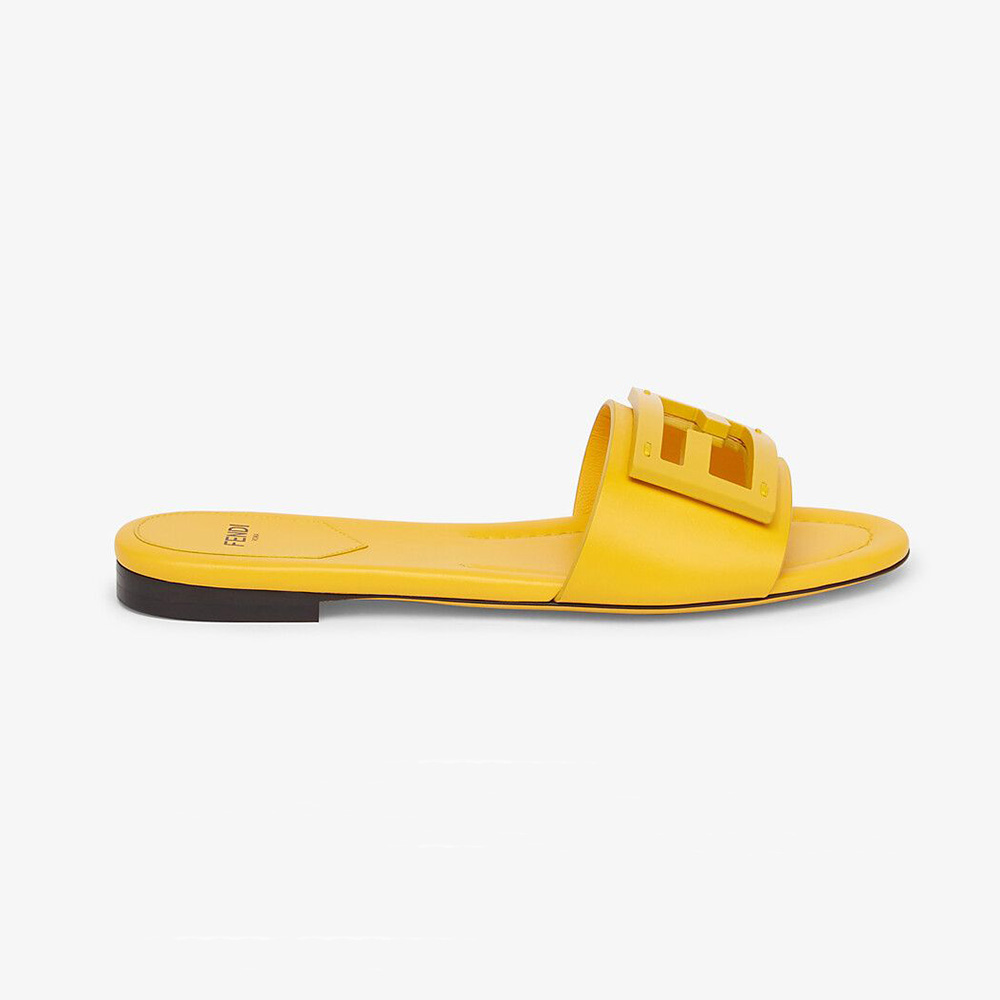 Side view of Fendi Women Signature Yellow Leather Slides showing heel